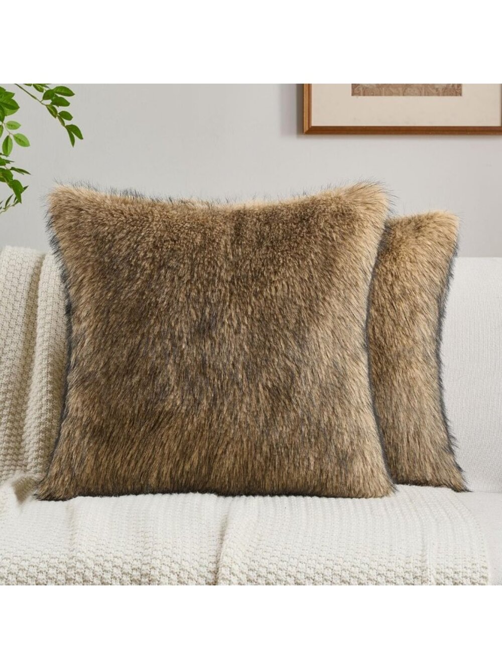 Cozy Pack of 2 Faux Raccoon Fur Throw Pillow Covers, 45x45 cm, Tawny Decor